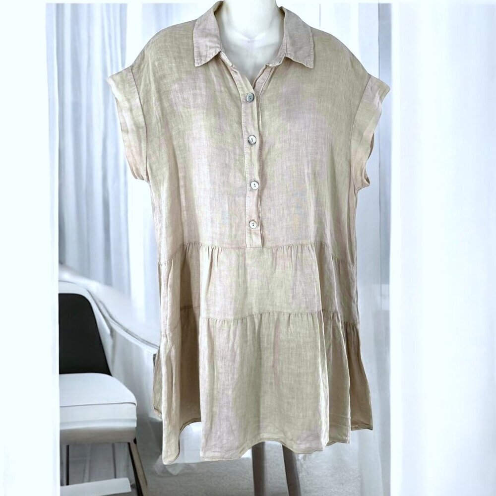 Meo Meli Italy Oatmeal 100% Linen Tiered Shirt Dress OS One Size